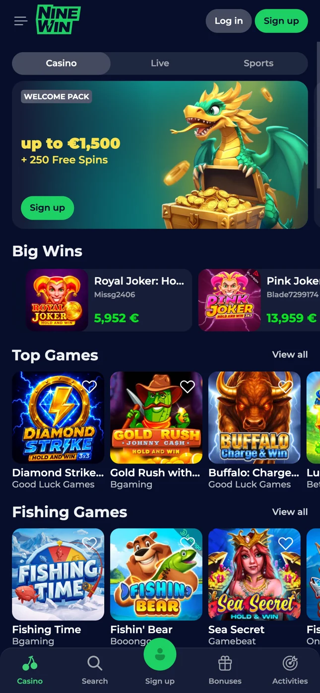 NineWin casino lobby on a phone