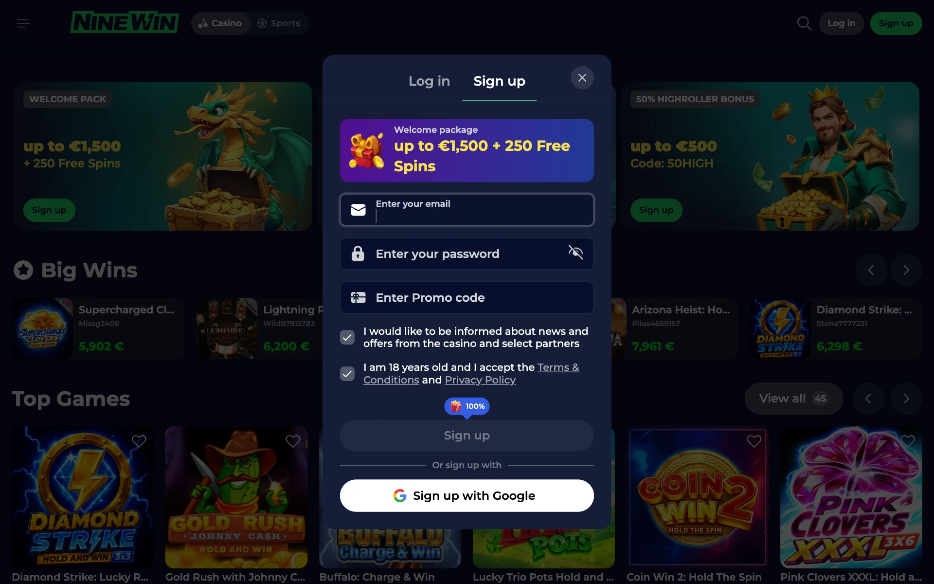 NineWin sign-up form over the casino lobby